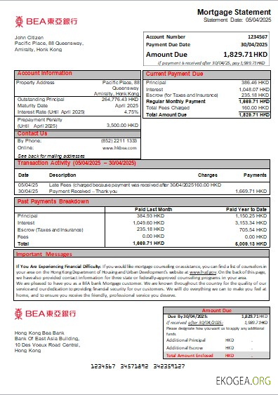 Relevé hypothécaire de la banque BEA de Hong Kong scr